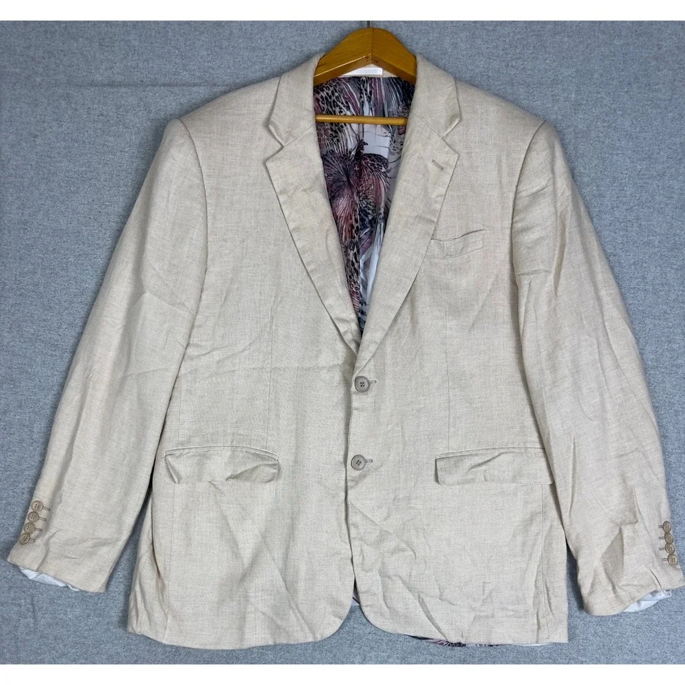 Linen Suit Blazer Pants 3XL 46x29 Cream Beige Straight Leg Summer Casual